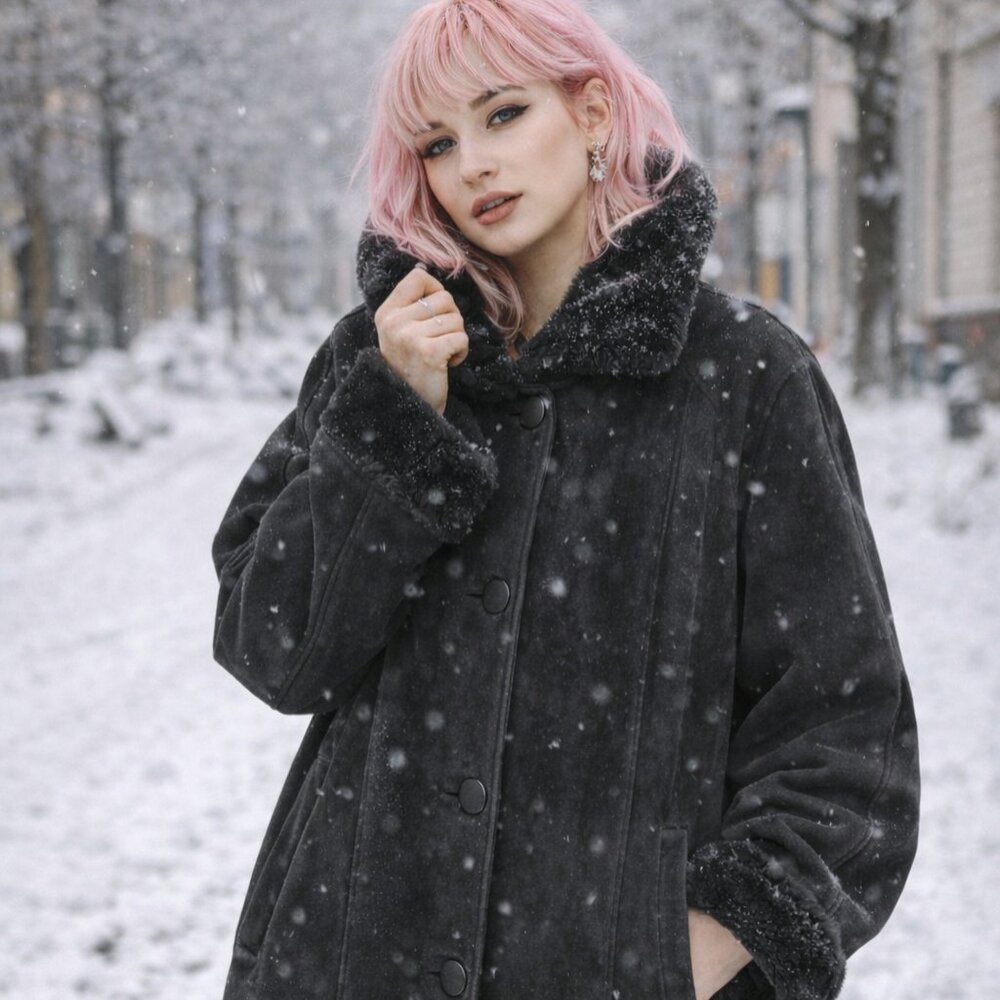 VTG Phil Leather Black Winter Real Suede Real Shearling Coat , Made in Canada